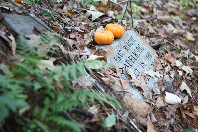 A fieldstone grave marker